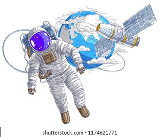 Astronaut flying in open space connected to space station and earth planet in background, spaceman in spacesuit floating in weightlessness and iss spacecraft with solar panels behind him. Vector.