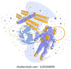 Astronaut flying in open space connected to space station and earth planet in background, spaceman in spacesuit floating in weightlessness and iss spacecraft. Vector isolated.