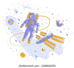 Astronaut flying in open space connected to space station, spaceman floating in weightlessness and iss spacecraft surrounded by undiscovered planets, stars and comets. Vector illustration isolated.