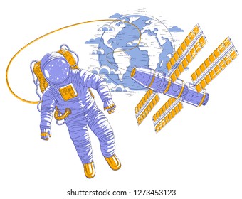 Astronaut flying in open space connected to space station and earth planet in background, spaceman in spacesuit floating in weightlessness and iss spacecraft with solar panels behind him. Vector.