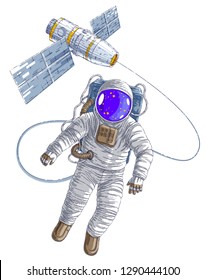 Astronaut flying in open space connected to space station, spaceman in spacesuit floating in weightlessness and iss spacecraft with solar panels behind him. Vector illustration isolated over white.