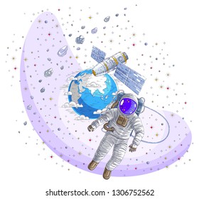 Astronaut flying in open space connected to space station and earth planet in background, spaceman in spacesuit floating in weightlessness. Vector isolated.