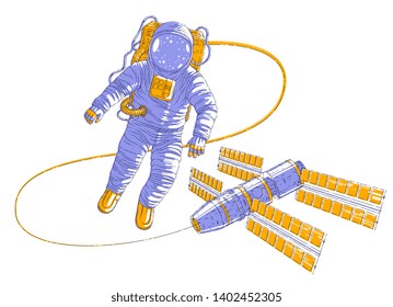 Astronaut flying in open space connected to space station, spaceman in spacesuit floating in weightlessness and iss spacecraft with solar panels behind him. Vector illustration isolated over white.