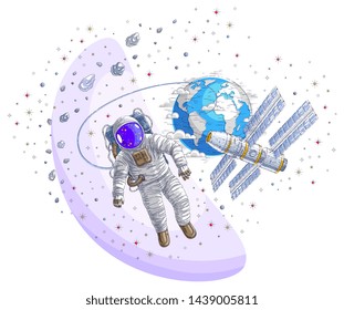 Astronaut flying in open space connected to space station, spaceman floating in weightlessness and iss spacecraft surrounded by undiscovered planets, stars and comets. Vector illustration isolated.