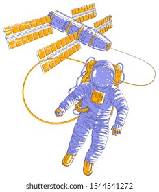 Astronaut flying in open space connected to space station, spaceman in spacesuit floating in weightlessness and iss spacecraft with solar panels behind him. Vector illustration isolated over white.