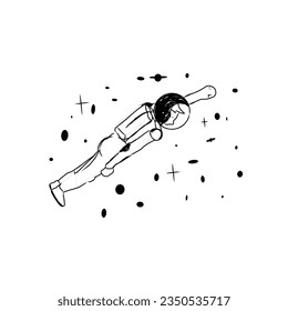 Esbozo de un astronauta volando en el espacio exterior. Dibujo manual sobre fondo blanco