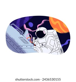 Astronaut flying in outer space to repair spaceship. Cosmonaut spacewalks to fix breakdown in satellite. Spaceman in spacesuit flies in cosmos. Flat isolated vector illustration on white background