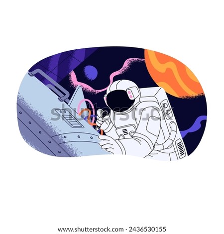 Astronaut flying in outer space to repair spaceship. Cosmonaut spacewalks to fix breakdown in satellite. Spaceman in spacesuit flies in cosmos. Flat isolated vector illustration on white background