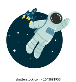 Astronaut Flying In Outer Space With Rocket Behind Vector Illustration