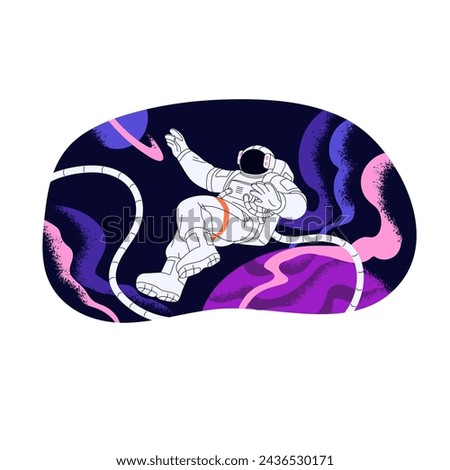 Astronaut flying in outer space, spacewalks. Cosmonaut travels to planets, explores cosmos, universe. Spaceman in spacesuit, helmet fly in zero gravity. Flat isolated vector illustration on white