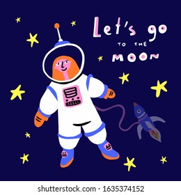 Astronaut flying in outer space with universe around on  spaceship. Vector illustration in cartoon style