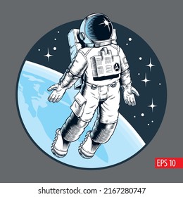 Astronaut flying in outer space, zero gravity. Stars and planet on background. Comic book style vector illustration.