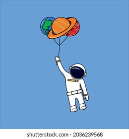 Astronaut flying with planet balloon mars, earth, saturn flat vector cartoon illustration