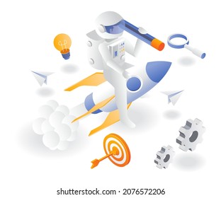 Astronaut flying with rocket with pencil