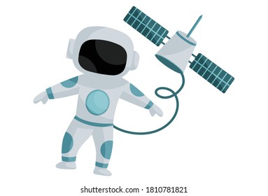 Astronaut is flying with the satellite. Vector graphic illustration. Individually on white background.