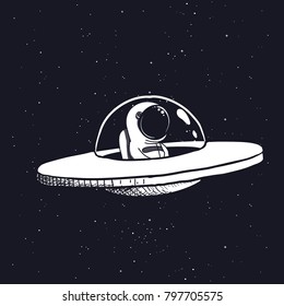 Astronaut in a flying saucer.Hand drawn style.Space scientific vector illustration