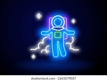 Astronaut flying in space and catches the light in his hand. Neon vector illustration spaceman on the star background.