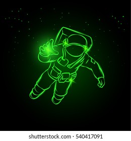 Astronaut flying in space and catches the light in his hand. Green neon vector illustration spaceman on the star background.