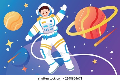 Astronaut flying in space with cosmic planet in the background, vector illustration