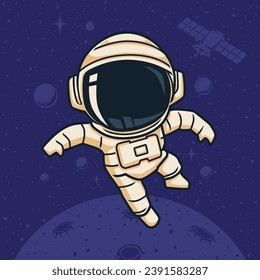 Astronaut Flying in The Space Cute Illustration Vector Design