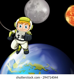 Astronaut flying in the space with earth and moon background