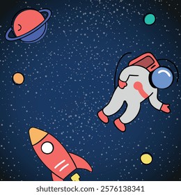 Astronaut is flying in space galaxy cosmos with planets rocket and stars. Exploring missions with no gravity