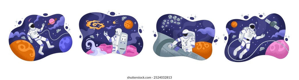 Astronauta voando no espaço. Universo galáxia. Planeta astronômico. Viagem de exploração interestelar. Espaçonave em órbita com espaçonave. Cosmonauta de traje espacial. Gravidade zero. Conjunto de conceitos de desenho animado vetorial