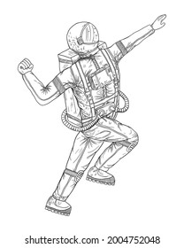 Astronaut flying in space. hand drawn sketch vector illustration
