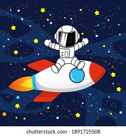 astronaut flying in space with rocket in space full of colorful stars vector illustration logo design