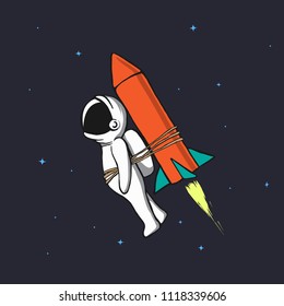 astronaut flying to space with rocket tied for him.Cosmic character