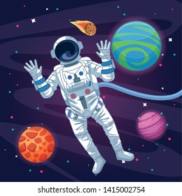 Astronaut flying in the space with stars and planets vector illustration graphic design