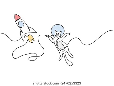 Astronaut flying with spacecraft continuous line drawing. Rocket space ship launch into universe concept. Vector illustration minimalist design hand drawn.