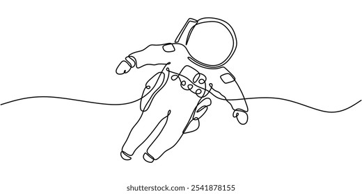 Astronaut flying through space in continuous one line drawing. Minimalist space exploration concept.