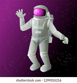 Astronaut flying through the starry sky. Realistic character in a spacesuit waving his hand. Vector illustration