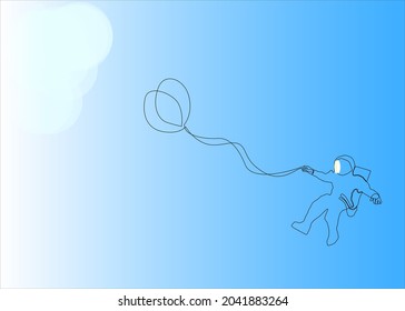 Astronaut flying towards sun in space with balloon in hand and concept in one line. artistic painting one line design