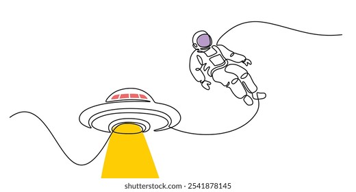 Astronauta voando com um OVNI em desenho contínuo de uma linha. Conceito de aventura espacial minimalista destacando OVNIs.