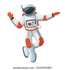 Astronaut flying vector illustration. Cartoon isolated spaceman character in suit for outer space flight and helmet dancing funny dance in cosmos, astronaut dancer in spacesuit pointing and standing