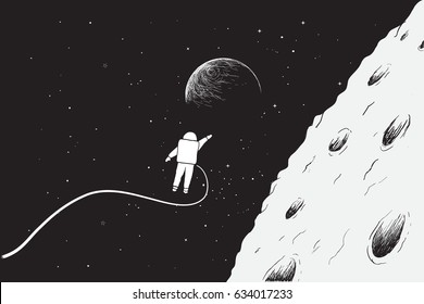 Astronaut flying very close near the Moon.Science theme.Hand drawn vector illustration