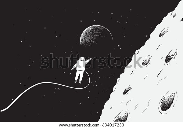 Astronaut flying very close near the\
Moon.Science theme.Hand drawn vector\
illustration
