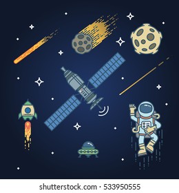  Astronaut flying without gravity near meteor and space rocket.