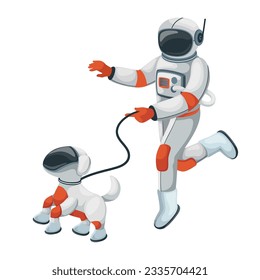 Astronaut flying in zero gravity with dog vector illustration. Cartoon isolated spaceman holding leash for weightless space walk with pet, man and puppy characters floating in spacesuits and helmets