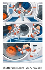 Astronauta volando en gravedad cero dentro de la ilustración vectorial del conjunto de naves espaciales. Escenas de dibujos animados en el interior de la cabina de una nave espacial con astronautas flotantes que miran a través de la ventana a los planetas