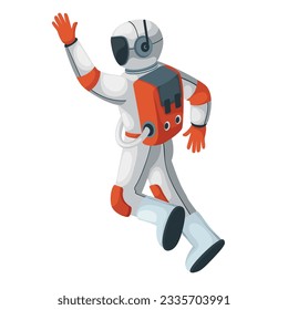 Astronaut flying in zero gravity vector illustration. Cartoon isolated spaceman character floating with back and arm up in outer space, space adventure of astronaut in helmet, jetpack and spacesuit