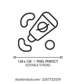 Astronaut food pixel perfect linear icon. Zero gravity. Space nutrition. Dehydrated meal. Ready to eat. Thin line illustration. Contour symbol. Vector outline drawing. Editable stroke