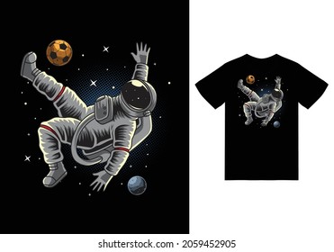 Astronaut football on space illustration with tshirt design premium vector the Concept of Isolated Technology. Flat Cartoon Style Suitable for Landing Web Pages, Banners, Flyers, Stickers, Cards