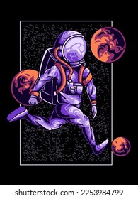 Astronaut football on space illustration with tshirt design premium vector the Concept of Isolated Technology. Flat Cartoon Style Suitable for Landing Web Pages, Banners, Flyers, Stickers, Cards
