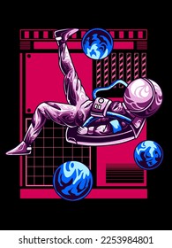 Astronaut football on space illustration with tshirt design premium vector the Concept of Isolated Technology. Flat Cartoon Style Suitable for Landing Web Pages, Banners, Flyers, Stickers, Cards
