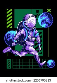 Astronaut football in outer space illustration. with Isolated Technology Concept t-shirt design premium vector. Flat Cartoon Style Suitable for Landing Web Pages, Banners, Flyers, Stickers, Cards.