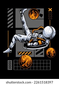 Astronaut football in outer space illustration. with Isolated Technology Concept t-shirt design premium vector. Flat Cartoon Style Suitable for Landing Web Pages, Banners, Flyers, Stickers, Cards.