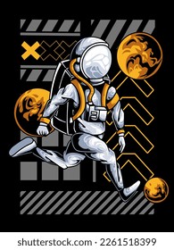 Astronaut football in outer space illustration. with Isolated Technology Concept t-shirt design premium vector. Flat Cartoon Style Suitable for Landing Web Pages, Banners, Flyers, Stickers, Cards.